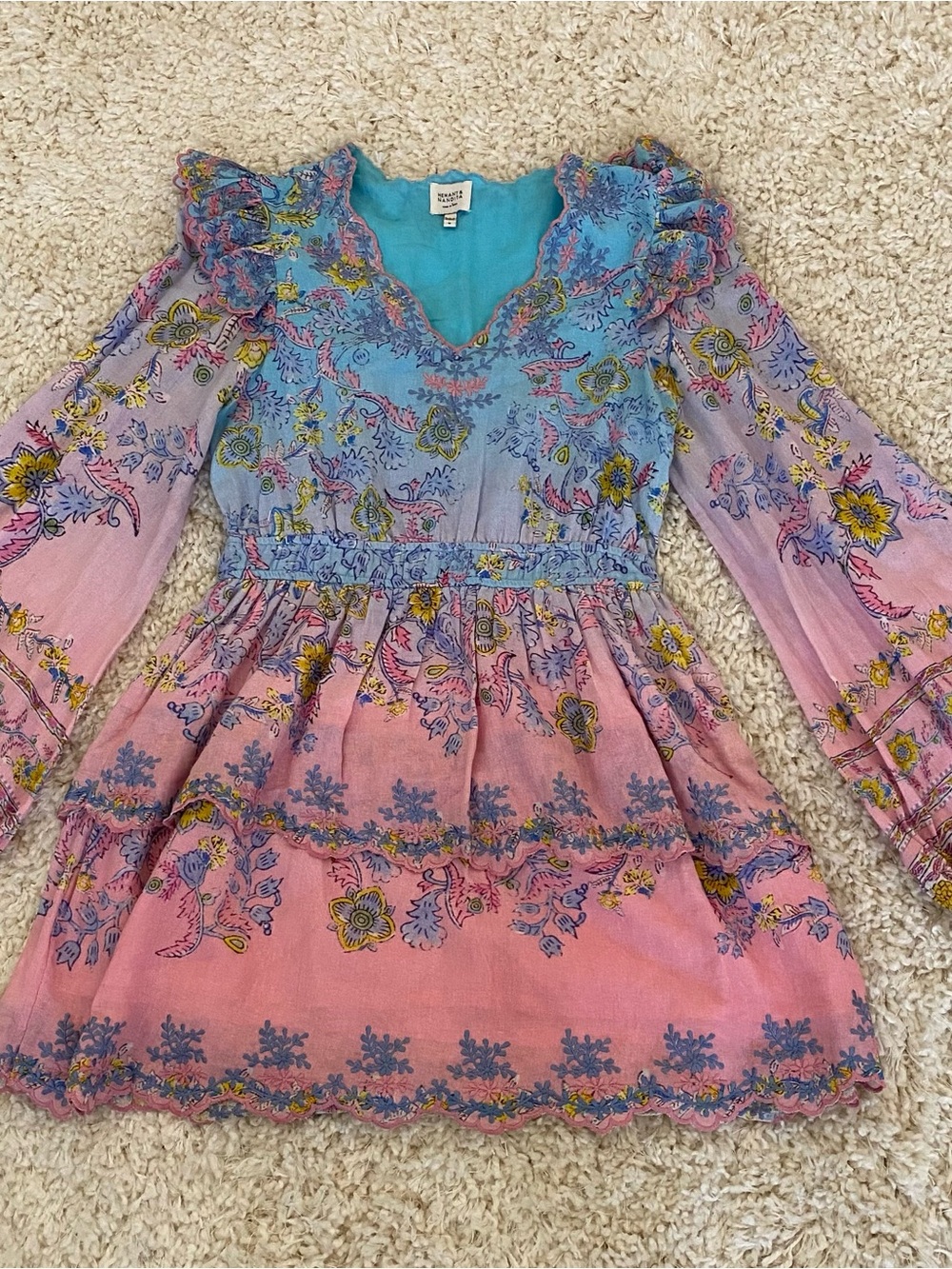 Hemant and Nandita Boho Floral Embroidered Dress-pink, blue and yellow